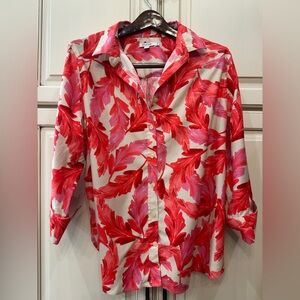 Chico's Red and Pink Feather Print Button Down Shirt